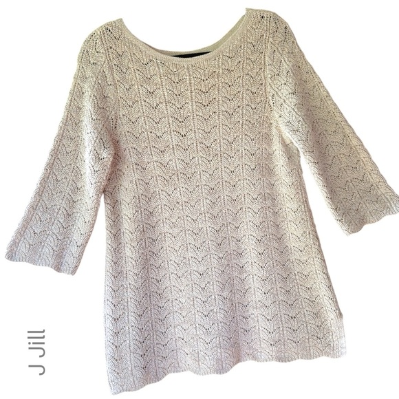J JILL | NWOT MARLED LACE KNIT COTTON SWEATER BOATNECK COBBLESTONE | SMALL - Picture 1 of 9